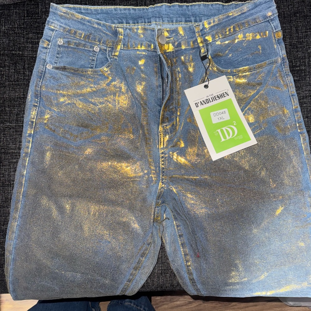 Glamorous Gold and Blue Boyfriend Jeans with Metallic Sheen